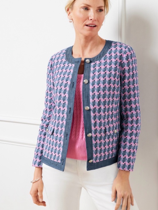 Talbots Jackets & Blazers - Talbots Denim Trim Basket Tweed Jacket Pink & Blue